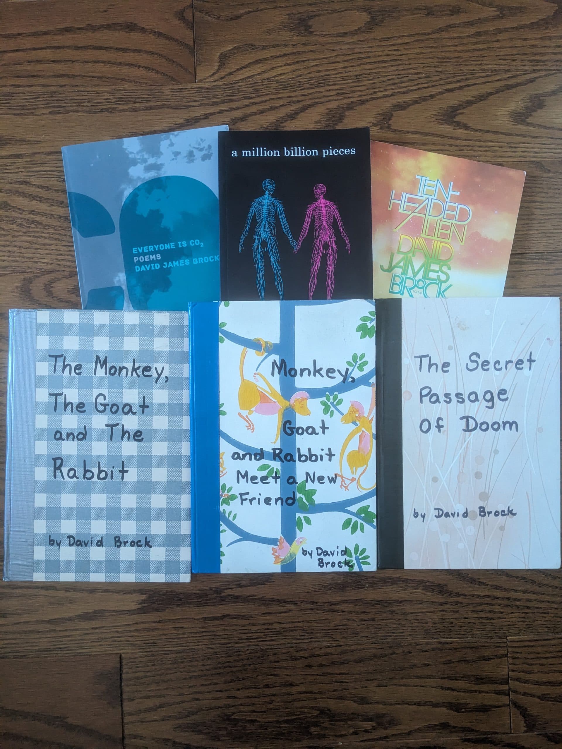 Six of David's writing projects, including three childhood books bound with duct tape.